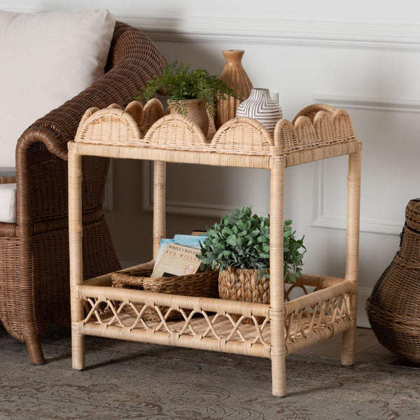 Baxton Studio bali Eloisa Natural Rattan End Table - Handwoven 2-Tier Wicker Side Table for Living Room & Bedroom WS157-Natural Rattan-ET