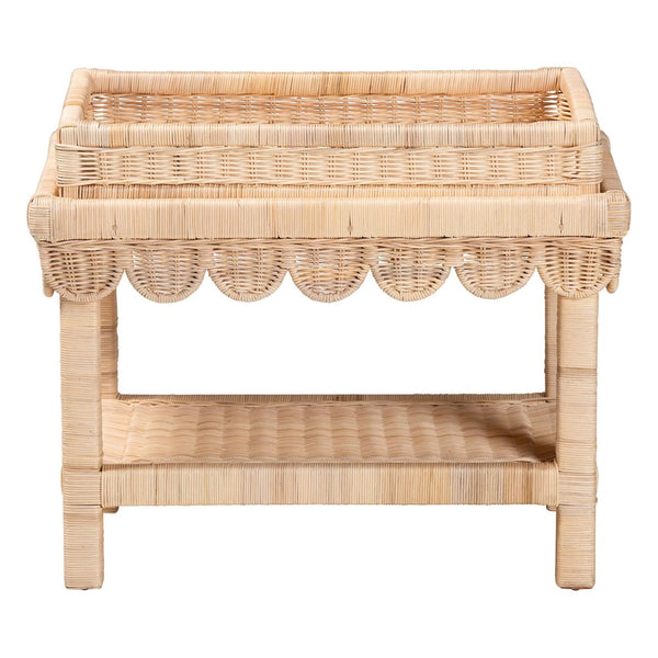 Baxton Studio bali Weyman Scalloped Rattan End Table - Handwoven Coastal Boho Accent with Removable Tray & Shelf WS158-Natural Rattan-ET