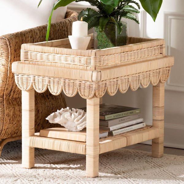 Baxton Studio bali Weyman Scalloped Rattan End Table - Handwoven Coastal Boho Accent with Removable Tray & Shelf WS158-Natural Rattan-ET