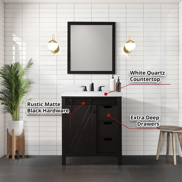 English Elm Brown Bathroom Vanity Set With White Quartz Countertop, Matte Black Faucet & Matching Mirror B2731S01274