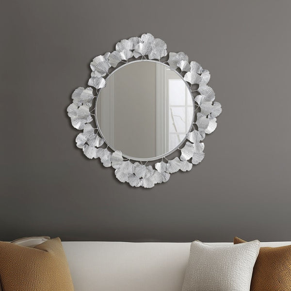 English Elm 30.5"Eden Gingko Leaf Round Wall Mirror with Decorative Iron Frame and Center Mirror Accent Silver 32.28 L x 32.09 W x 2.56 H B035P366553