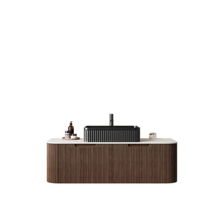 English Elm Dina Floating Bathroom Vanity with Crystal Glass Basin and Sintered Stone Top Black,Carrara White,Dark Walnut W2615S00196