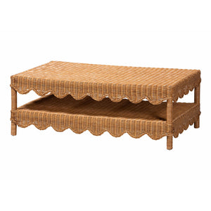 Baxton Studio Bali Oteria Natural Rattan Coffee Table - Handwoven Scalloped Two-Tier Cocktail Table, Coastal Boho Chic Palm Short-Light Honey Rattan-CT