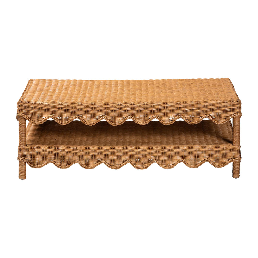 Baxton Studio Bali Oteria Natural Rattan Coffee Table - Handwoven Scalloped Two-Tier Cocktail Table, Coastal Boho Chic Palm Short-Light Honey Rattan-CT