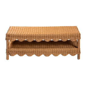 Baxton Studio Bali Oteria Natural Rattan Coffee Table - Handwoven Scalloped Two-Tier Cocktail Table, Coastal Boho Chic Palm Short-Light Honey Rattan-CT