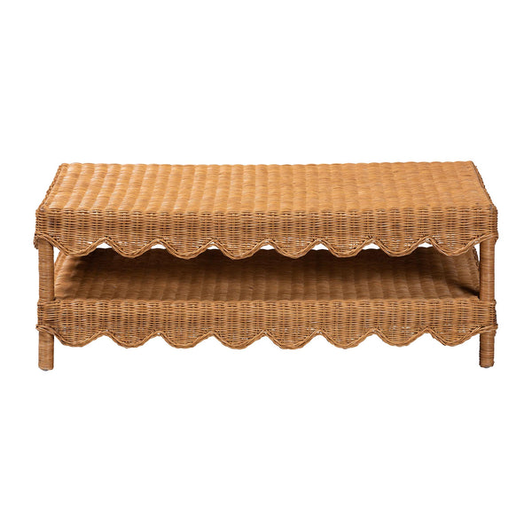Baxton Studio Bali Oteria Natural Rattan Coffee Table - Handwoven Scalloped Two-Tier Cocktail Table, Coastal Boho Chic Palm Short-Light Honey Rattan-CT