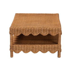 Baxton Studio Bali Oteria Natural Rattan Coffee Table - Handwoven Scalloped Two-Tier Cocktail Table, Coastal Boho Chic Palm Short-Light Honey Rattan-CT