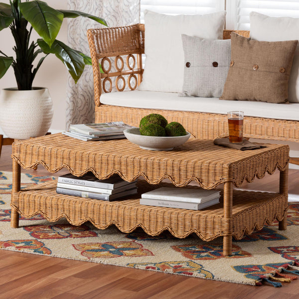 Baxton Studio Bali Oteria Natural Rattan Coffee Table - Handwoven Scalloped Two-Tier Cocktail Table, Coastal Boho Chic Palm Short-Light Honey Rattan-CT