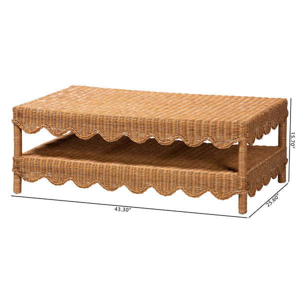 Baxton Studio Bali Oteria Natural Rattan Coffee Table - Handwoven Scalloped Two-Tier Cocktail Table, Coastal Boho Chic Palm Short-Light Honey Rattan-CT