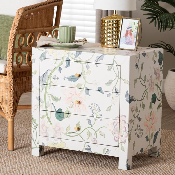 Baxton Studio Baxton Studio Connery Floral End Table - Chic 3-Drawer Storage Cabinet for Stylish Home Decor JY25A010-Floral Printed Canvas-Wooden-ET