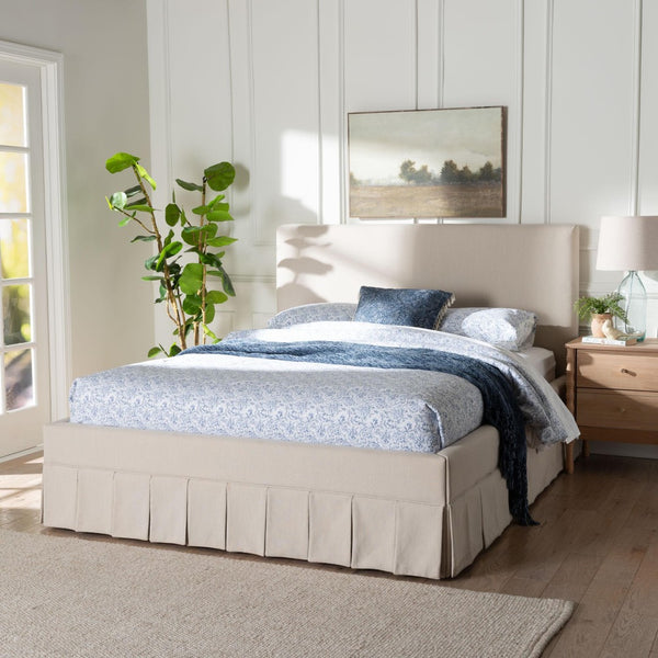 Baxton Studio Baxton Studio Astin Platform Bed - Modern Upholstered Queen Bed with Pleated Skirt & Panel Headboard CF0022-5-Pleated Beige-Queen