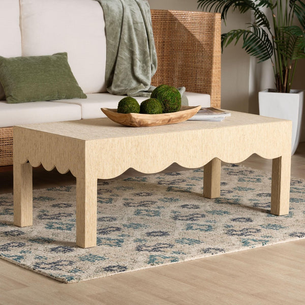 Baxton Studio bali Bali Handcrafted Natural Grasscloth Coffee Table - Coastal Chic Rectangle with Scalloped Design Lucas-Faux Raffia-Coffee Table