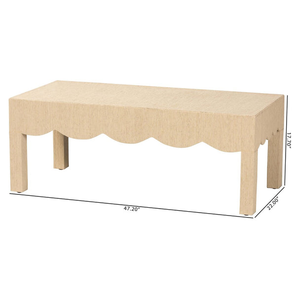 Baxton Studio bali Bali Handcrafted Natural Grasscloth Coffee Table - Coastal Chic Rectangle with Scalloped Design Lucas-Faux Raffia-Coffee Table