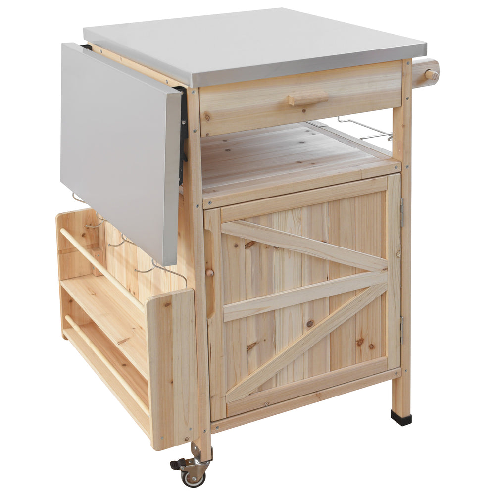 English Elm K&K 40.5" Outdoor Grill Cart with 201 Stainless Top, Solid Fir Storage, Drop Leaf & Lockable Wheels Natural N707P228272Y