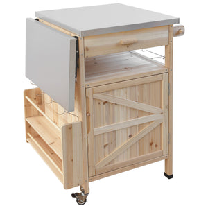 English Elm K&K 40.5" Outdoor Grill Cart with 201 Stainless Top, Solid Fir Storage, Drop Leaf & Lockable Wheels Natural N707P228272Y