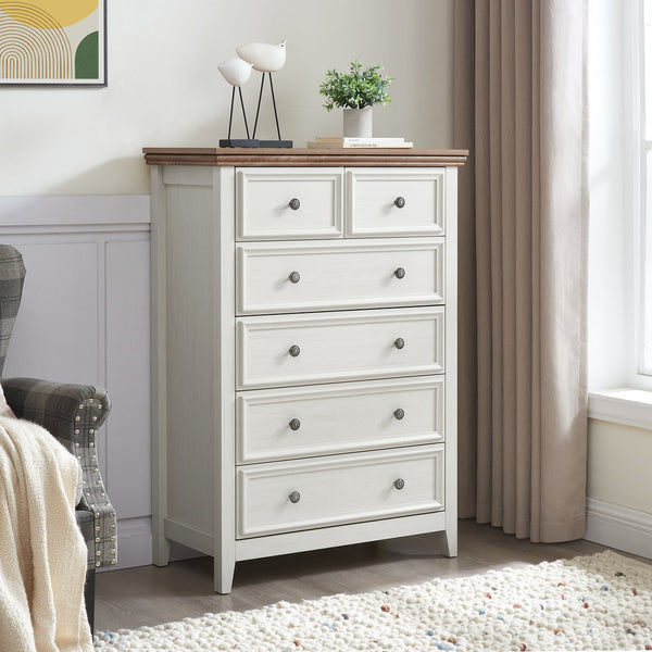 English Elm Modern 6-Drawer Chest Tall Dresser with Vintage Carved Handles, Silent Metal Rails, Stable Feet, Beige Elegance W2275P233490