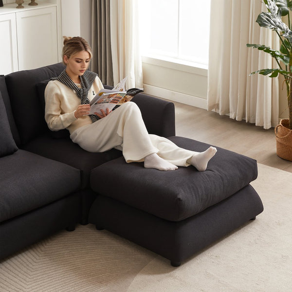 English Elm MH102.2 Modular 102.2" L-Shaped Sectional Sofa with Ottoman, 3 Cushions & Pillows, Upholstered Comfort Black W1193S00137