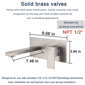 English Elm Wall Mount Faucet - Modern Brushed Nickel Bathroom Sink & Bathtub Fixture With Brass Valve Included T3177P269101-GIGA