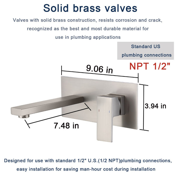 English Elm Wall Mount Faucet - Modern Brushed Nickel Bathroom Sink & Bathtub Fixture With Brass Valve Included T3177P269101-GIGA