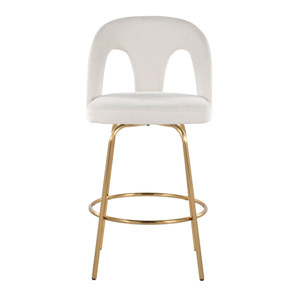 English Elm Fixed-height Swivel Counterstools with White Upholstery Gold Footrest Set of 2 B202S01782
