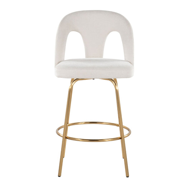 English Elm Fixed-height Swivel Counterstools with White Upholstery Gold Footrest Set of 2 B202S01782