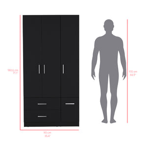 English Elm Four Door Armoire Crosby Black - Spacious Engineered Wood Wardrobe with Rod, Shelves & Drawers, Durable Design B092S00264