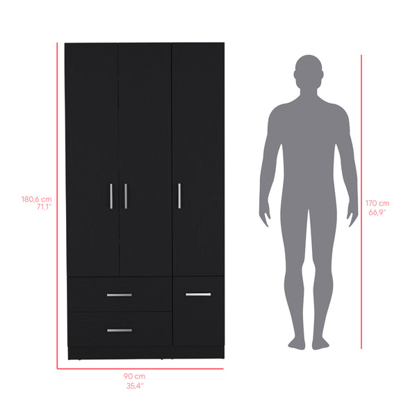 English Elm Four Door Armoire Crosby Black - Spacious Engineered Wood Wardrobe with Rod, Shelves & Drawers, Durable Design B092S00264