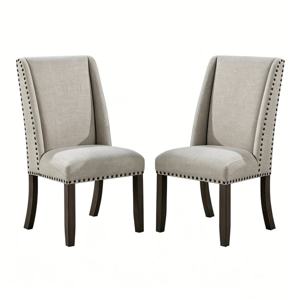 English Elm Set of 2 Wingback Dining Chairs Gray Fabric Bronze Nailhead Trim Wood Legs Formal B2770P508320