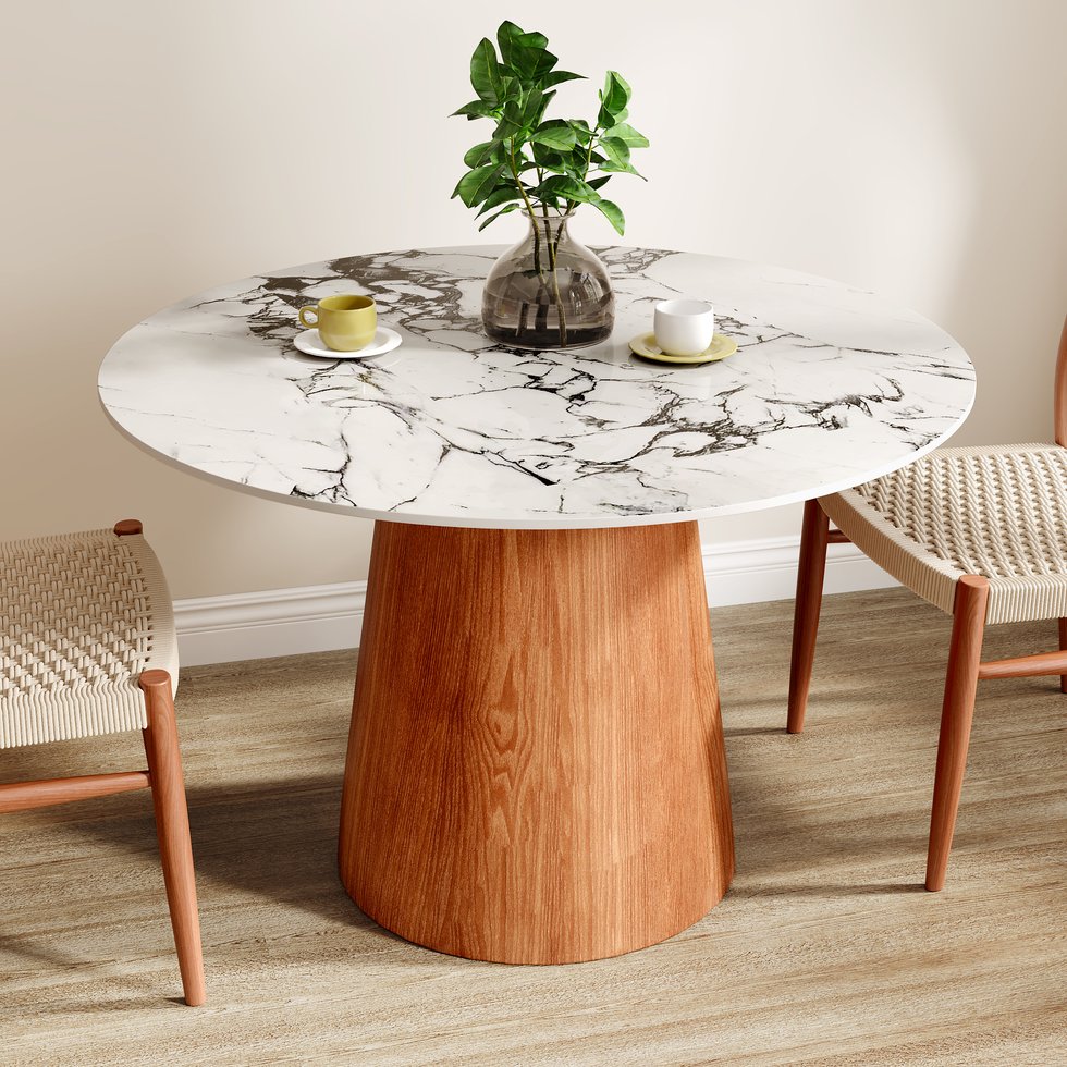 English Elm Small Round Solid Wood Pedestal Dining Table with Sintered Stone Top, Durable Family-Friendly Design T3833S00038 T3833S00038