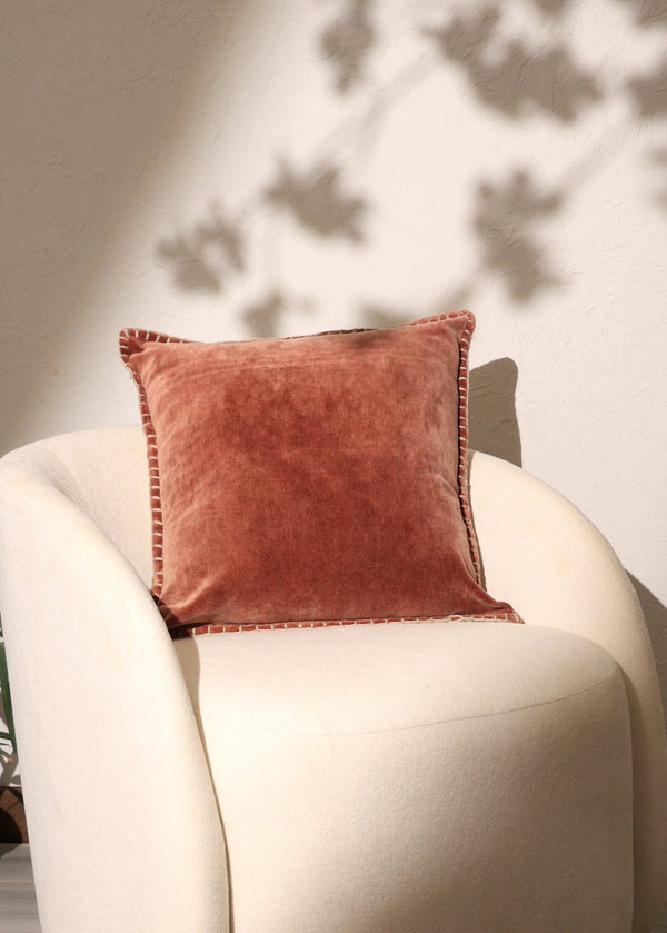 English Elm Stonewashed Cotton Velvet Throw Pillow - Hand-Stitched Edges, Warm Terracotta Accent For Any Space B346P321250-GIGA