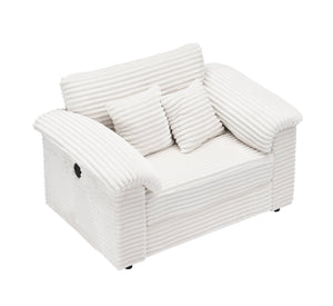 English Elm 47.24-inch corduroy armchair with storage ottoman and USB ports, spring seat, solid wood frame lounge White W3356S00024