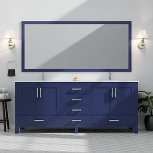 English Elm Navy Double Bath Vanity 80" W x 22" D with White Quartz Top, 2 Cabinets, 6 Drawers, Chrome Faucet B2731P259140