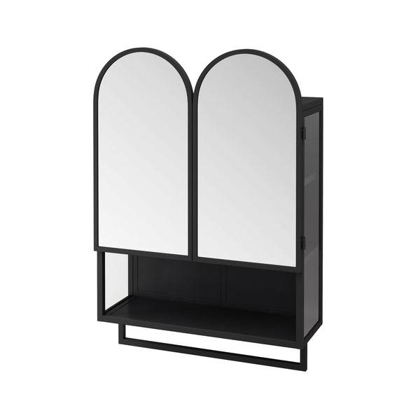 English Elm 23.62" Modern Double-Arched Mirror Cabinet with Tempered Glass, Metal Frame, Shelf & Towel Rack Storage Black W757P314586