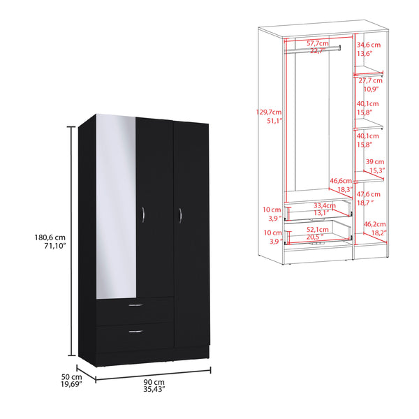 English Elm Riverside Mirrored Armoire with Three Doors, Two Drawers, Four Shelves and Hanging Rod for Wardrobe Organization Black 71 L x 16.9 W x 3.9 H B070S00215