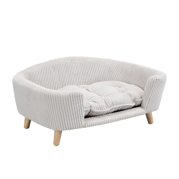 English Elm Elevated Pet Sofa with Corduroy Upholstery Rubberwood Legs and Supportive Foam for Small Dogs Beige N779P395017A