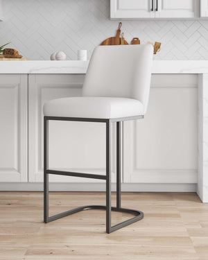 English Elm Serena Metal Upholstered Barstool with Matte Black Frame, Leatherette Cushion, Commercial Grade Comfort White B365P397934