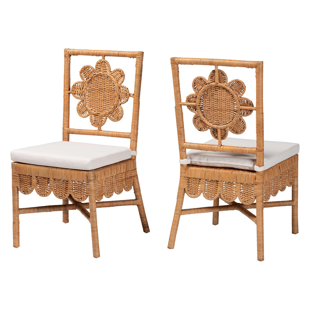 Baxton Studio Bali Abagale Natural Rattan 2-Piece Dining Chairs — Handwoven Floral Back, Removable Cushions, Boho Artisanal Seating (2) Abagale/Flower-Light Honey Rattan-Cushion-DC