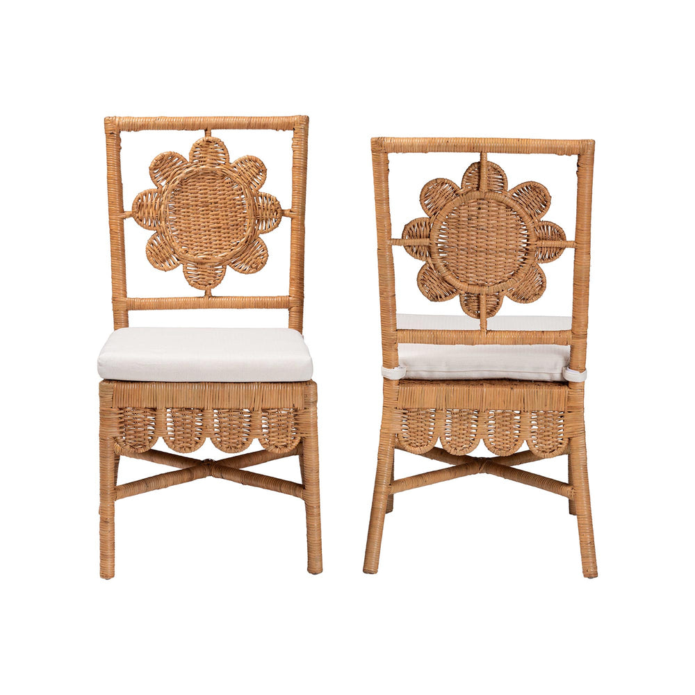 Baxton Studio Bali Abagale Natural Rattan 2-Piece Dining Chairs — Handwoven Floral Back, Removable Cushions, Boho Artisanal Seating (2) Abagale/Flower-Light Honey Rattan-Cushion-DC