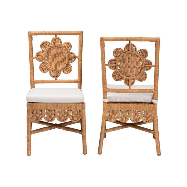 Baxton Studio Bali Abagale Natural Rattan 2-Piece Dining Chairs — Handwoven Floral Back, Removable Cushions, Boho Artisanal Seating (2) Abagale/Flower-Light Honey Rattan-Cushion-DC