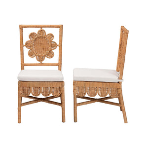 Baxton Studio Bali Abagale Natural Rattan 2-Piece Dining Chairs — Handwoven Floral Back, Removable Cushions, Boho Artisanal Seating (2) Abagale/Flower-Light Honey Rattan-Cushion-DC