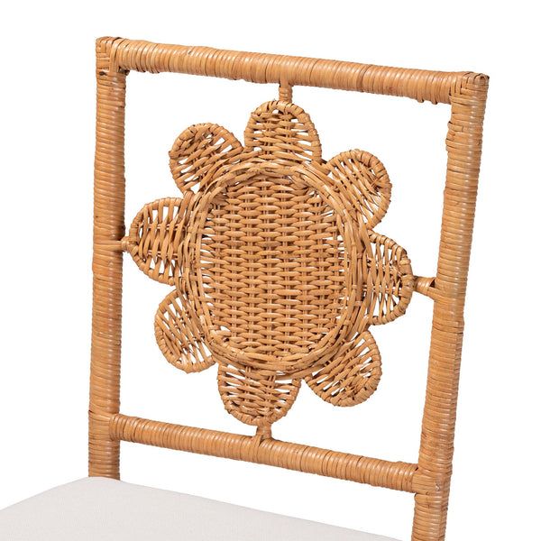 Baxton Studio Bali Abagale Natural Rattan 2-Piece Dining Chairs — Handwoven Floral Back, Removable Cushions, Boho Artisanal Seating (2) Abagale/Flower-Light Honey Rattan-Cushion-DC