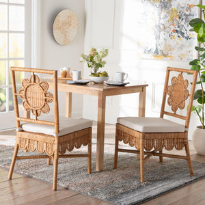 Baxton Studio Bali Abagale Natural Rattan 2-Piece Dining Chairs — Handwoven Floral Back, Removable Cushions, Boho Artisanal Seating (2) Abagale/Flower-Light Honey Rattan-Cushion-DC