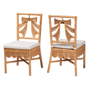 Baxton Studio Bali Abia Natural Rattan Dining Chairs (2) — Handwoven Bow-Back, Removable Cushions, Coastal Flair Abia/Bow Tie-Light Honey Rattan-Cushion-DC
