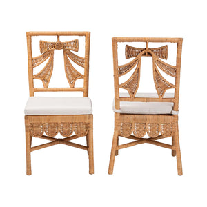 Baxton Studio Bali Abia Natural Rattan Dining Chairs (2) — Handwoven Bow-Back, Removable Cushions, Coastal Flair Abia/Bow Tie-Light Honey Rattan-Cushion-DC