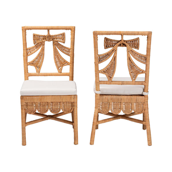 Baxton Studio Bali Abia Natural Rattan Dining Chairs (2) — Handwoven Bow-Back, Removable Cushions, Coastal Flair Abia/Bow Tie-Light Honey Rattan-Cushion-DC