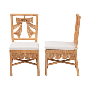Baxton Studio Bali Abia Natural Rattan Dining Chairs (2) — Handwoven Bow-Back, Removable Cushions, Coastal Flair Abia/Bow Tie-Light Honey Rattan-Cushion-DC