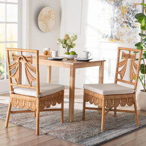 Baxton Studio Bali Abia Natural Rattan Dining Chairs (2) — Handwoven Bow-Back, Removable Cushions, Coastal Flair Abia/Bow Tie-Light Honey Rattan-Cushion-DC