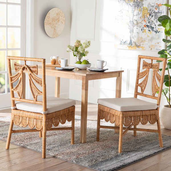 Baxton Studio Bali Abia Natural Rattan Dining Chairs (2) — Handwoven Bow-Back, Removable Cushions, Coastal Flair Abia/Bow Tie-Light Honey Rattan-Cushion-DC