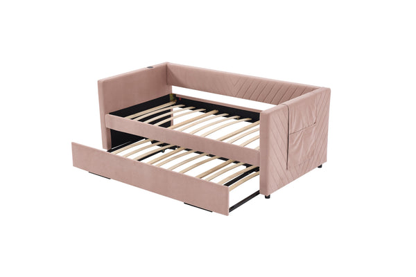 English Elm Twin Velvet Upholstered Daybed with Trundle, V-Pattern Backrest, USB Port, Side Pockets, Sturdy Design Pink W1361S00042