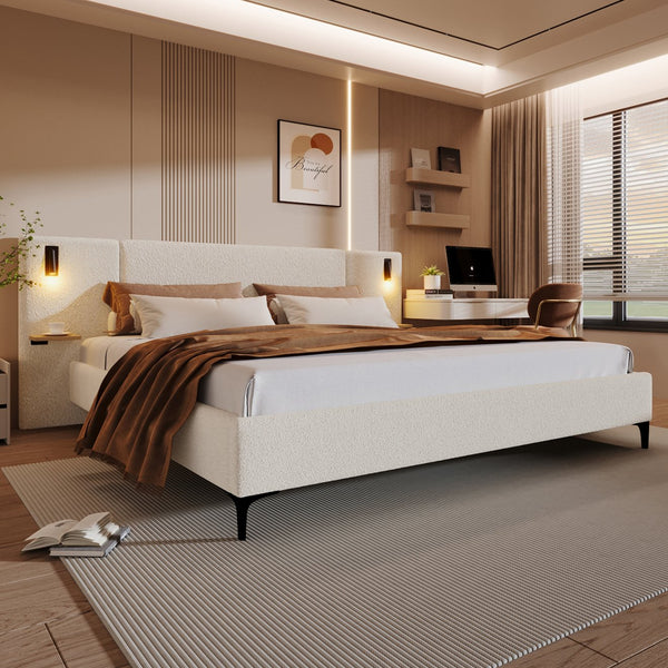 English Elm Christopher Knight Home® - Chic Boucle Upholstered Bed With Integrated Lighting & Shelves, Modern White Design, Queen Size N769P264793Q